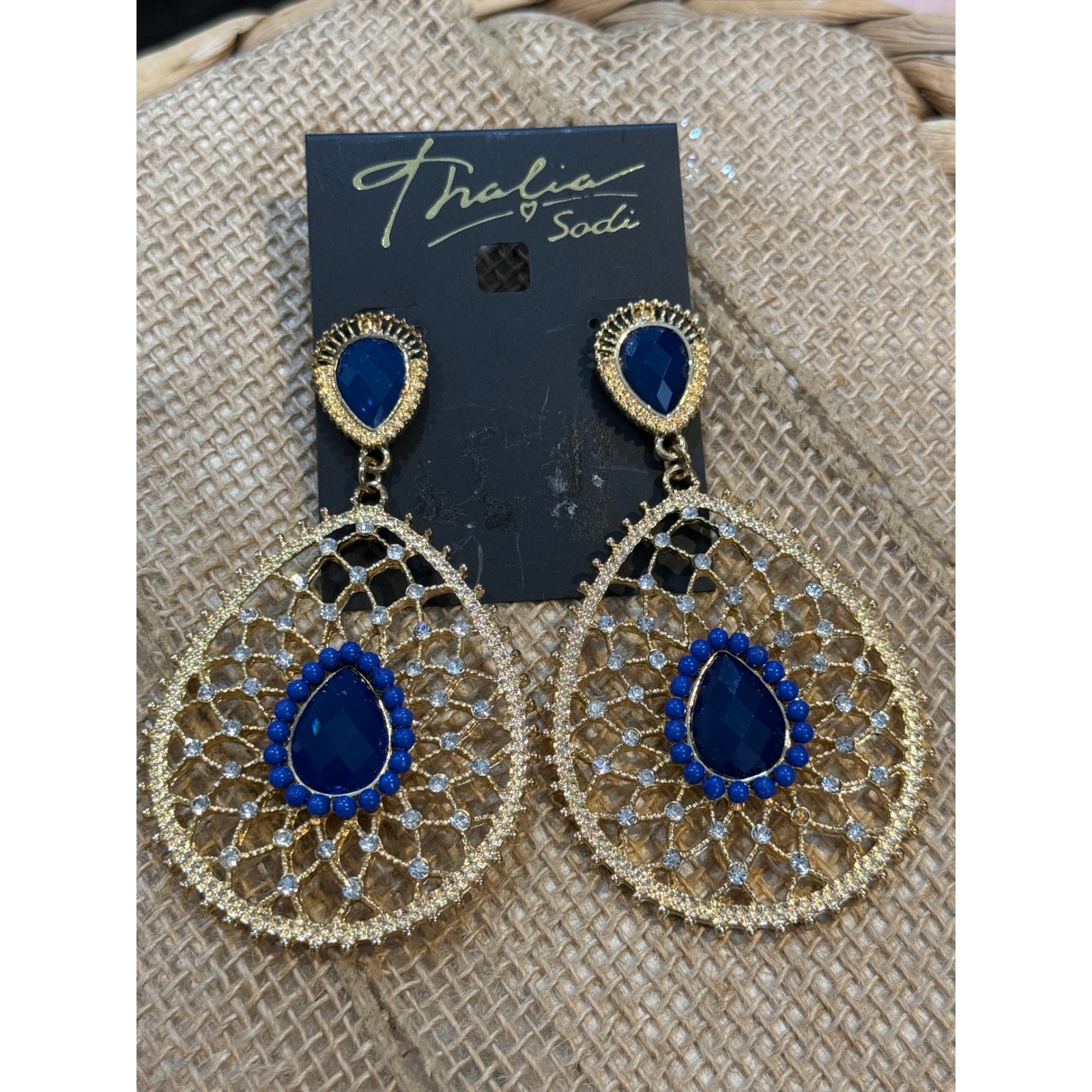 Thalia Sodi Blue Gold Tone Filigree Teardrop Statement Drop Earrings Crystal 37$
